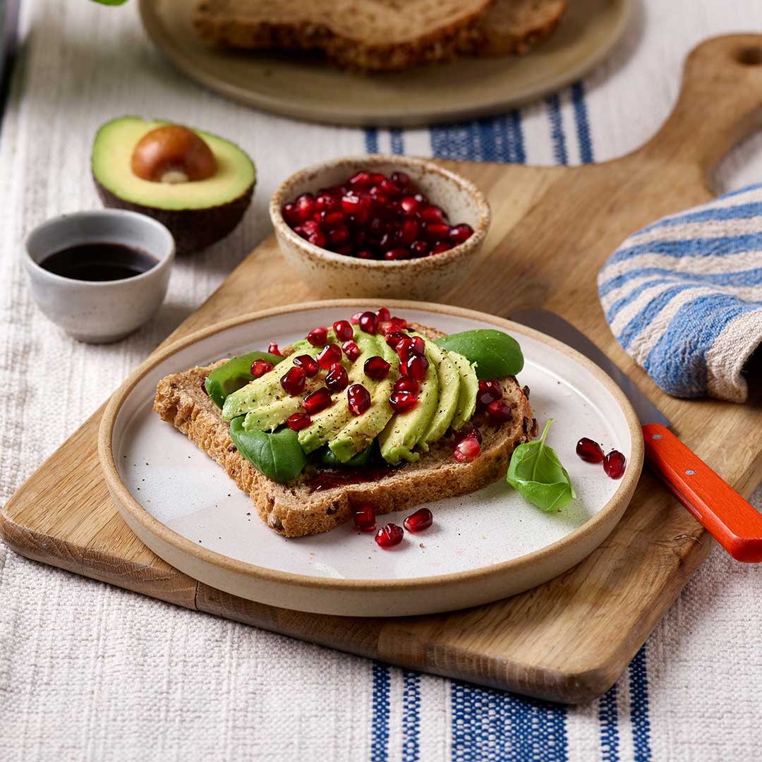 Avocado And Pomegranate Open Sandwich