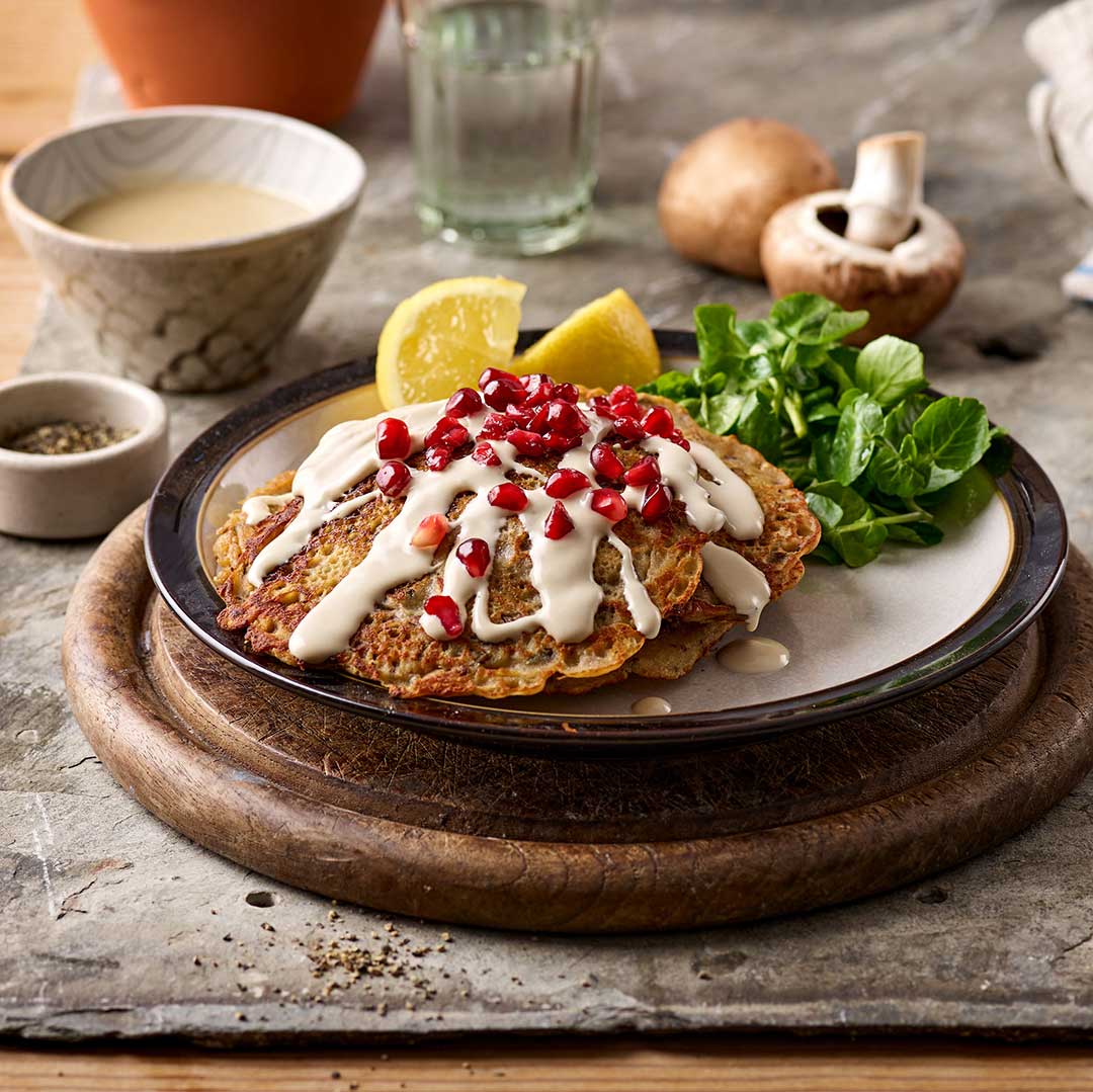 Buckwheat Mushroom Pancakes With Tahini Sauce