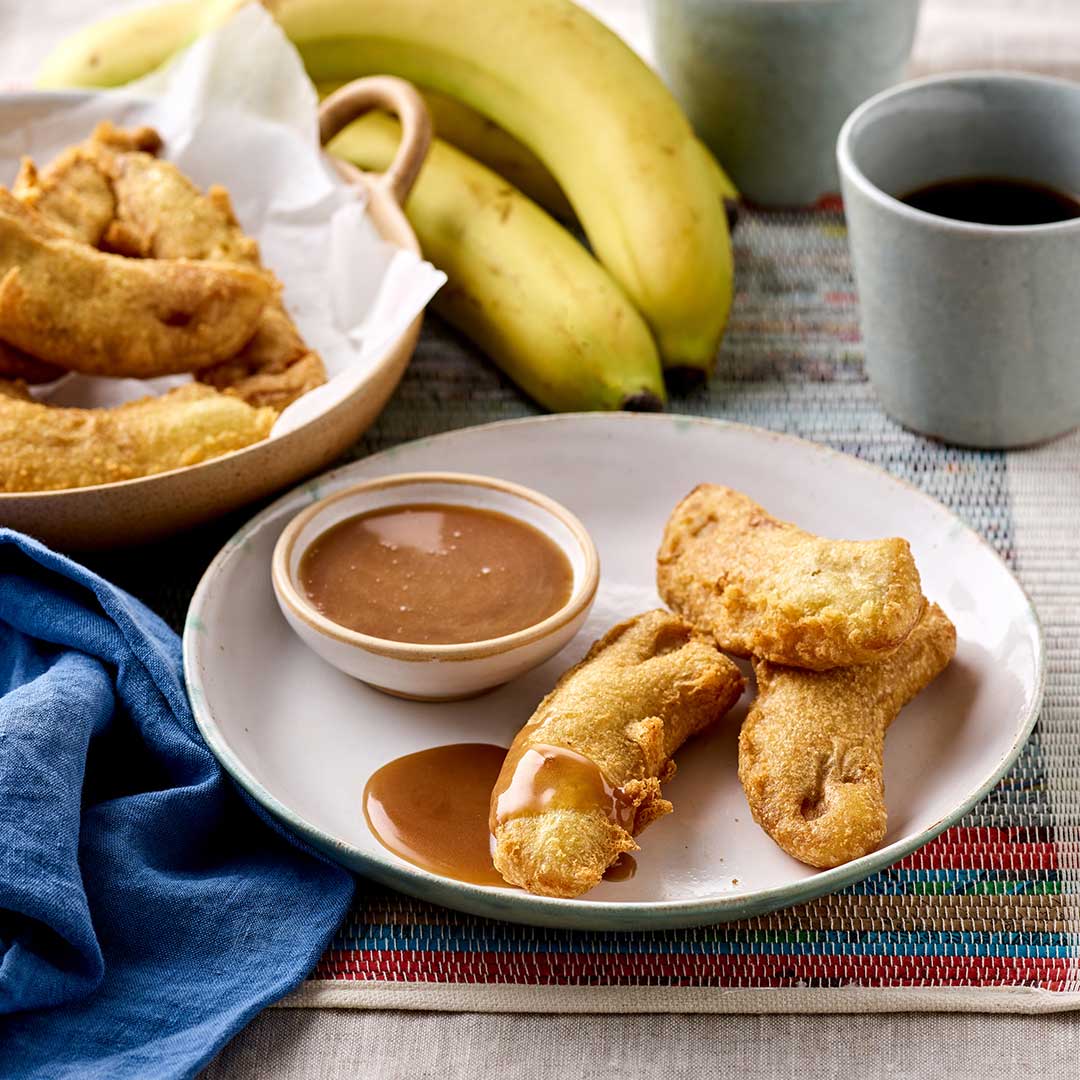 Vegan Banana Fritters Using Chickpea Flour With Vegan Toffee Sauce