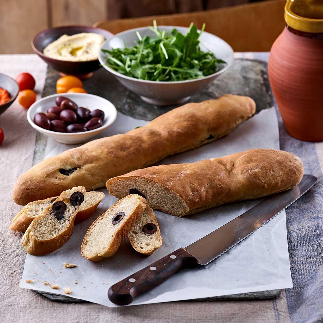 White Rye And Black Olive Baguettes