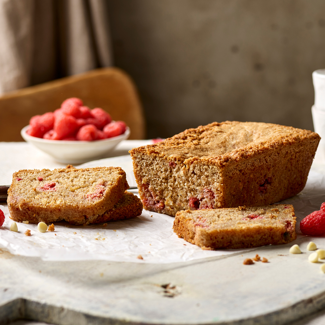 DF439 Wholemeal Raspberry White Chocolate Loaf Cake 1080 | Doves Farm | Wholemeal Raspberry and White Chocolate Loaf Cake